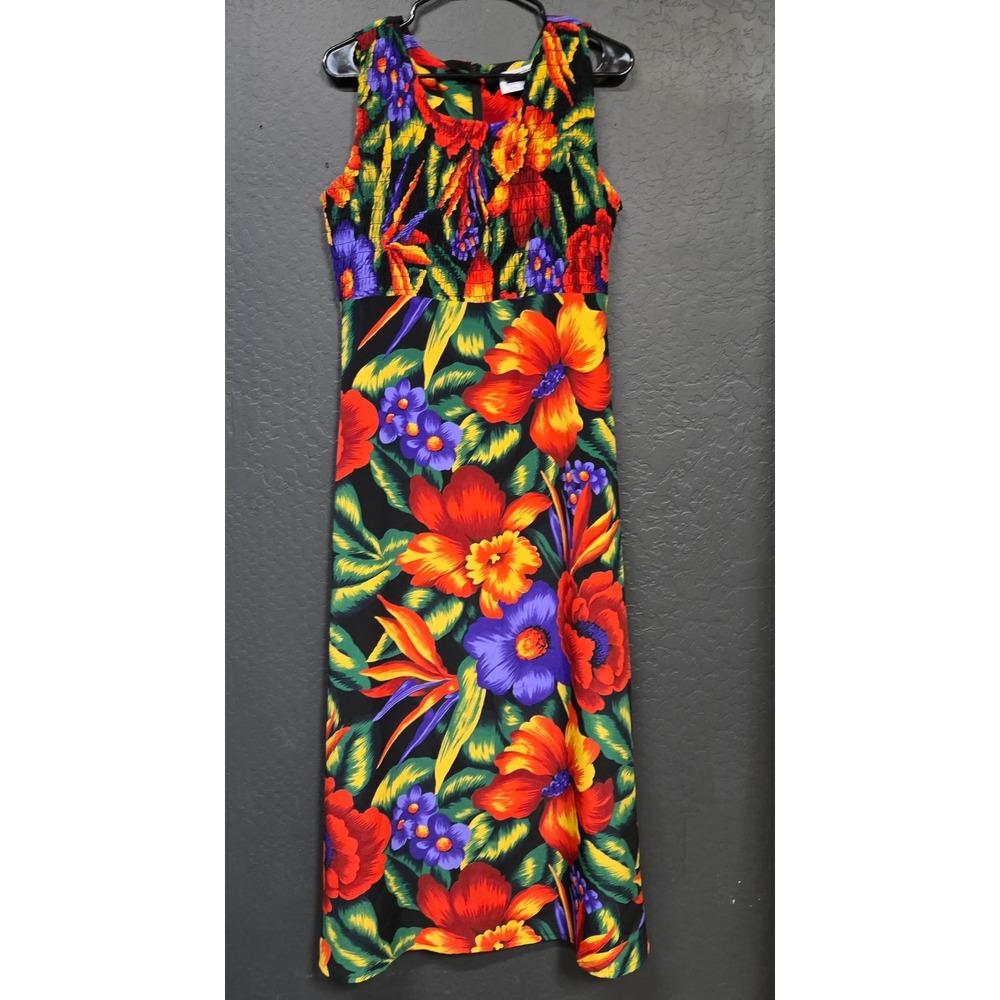 Vintage Prophecy Sag Harbor Floral Smocked Maxi Dress Tropical Sleeveless 12